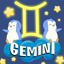 two penguins are sitting on a cloud with the word gemini