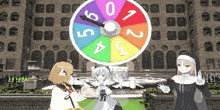 three anime girls are standing in front of a colorful spinning wheel with the numbers 0 through 9 on it