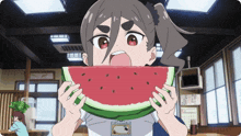 a cartoon girl is eating a slice of watermelon in a restaurant