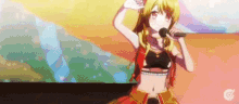 a girl is singing into a microphone while standing on a stage .