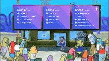 a cartoon of spongebob standing in front of a sign that says level 1 and level 2