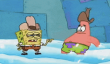 a cartoon of spongebob and patrick pointing