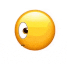 a close up of a yellow smiley face with a big eye .