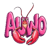 an illustration of a lobster with the word auwo in pink letters