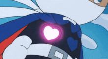 a cartoon character has a heart shaped light coming out of his chest