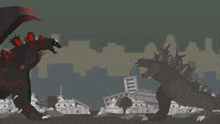 a cartoon of two monsters fighting each other with a city in the background