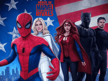 a poster for heroes de marvel rivals shows spider-man and other superheros