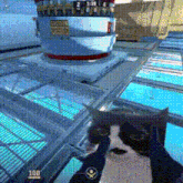 a person is holding a gun in a video game with a skull and crossbones on their glove