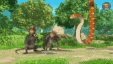 a cartoon scene with monkeys and a snake with the letter r in the foreground