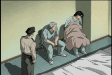 a group of people are sitting in a room with a police officer standing nearby