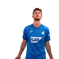 a man wearing a blue shirt with the word sap on the front