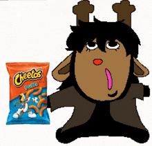 a bag of cheetos puffs next to a cartoon character