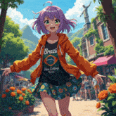 a girl with purple hair wearing a brazil t-shirt