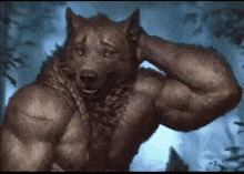 a painting of a werewolf with huge muscles is standing in the woods .