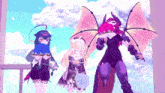 three anime characters standing next to each other with one holding flowers