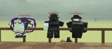 three roblox characters are sitting on a wooden railing and one of them is named tabby