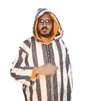 a man wearing glasses and a striped hoodie is giving a high five