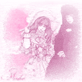 a drawing of a girl in a pink dress with the word merha on the bottom