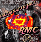 a poster that says salam satunya rmc with a man holding a gun