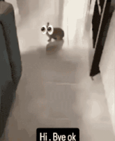 a rabbit with big eyes is walking down a hallway and saying `` hi . bye ok '' .