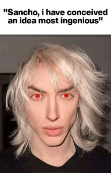a man with blonde hair and red eyes says " sancho i have conceived an idea most ingenious "