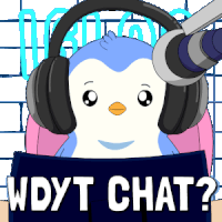a cartoon of a penguin wearing headphones holding a sign that says wdyt chat