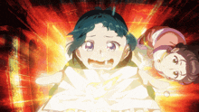 a girl with blue hair and purple eyes is holding a piece of paper