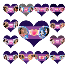 a collage of purple hearts with pictures of women