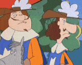 two cartoon characters are standing next to each other in a forest .