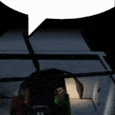 a person is standing in a dark room with a white speech bubble above them .