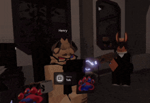 a cat with glasses is talking to henry on a phone