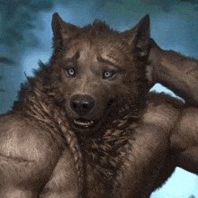 a muscular werewolf is scratching his head with his hand .
