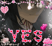 the word yes is surrounded by pink hearts