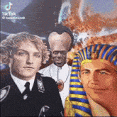 a group of men are posing for a picture with a pharaoh .