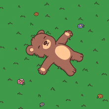 a teddy bear is laying in the grass with flowers and butterflies around it