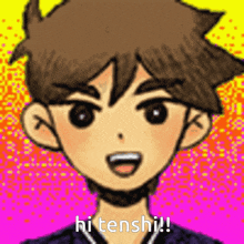 a close up of a cartoon character with the words `` hi tenshi '' written on the bottom .