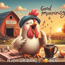 a picture of a chicken with a cup of coffee and the words good morning