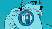 a drawing of a man taking a picture with the letter r in the lens