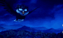 a cartoon owl is flying in the night sky above a forest