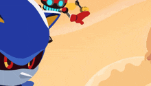 a cartoon drawing of a robot with a blue helmet
