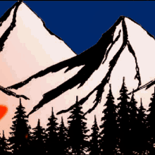a painting of a mountain with trees in front of it