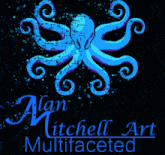 a logo for alan mitchell art multifaceted features an octopus
