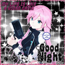a pink haired anime girl is holding a video game controller and says " good night "