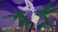 a cartoon character holding a marshmallow in a video game with a purple sky in the background