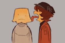 a cartoon character with a bag on his head is sticking his tongue out at another character .