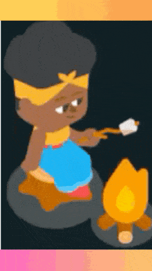 a girl is roasting marshmallows over a fire