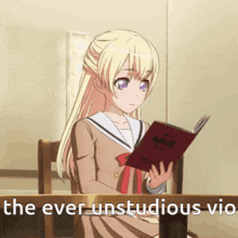 a girl in a school uniform is reading a book with the words " the ever unstudious vio " above her