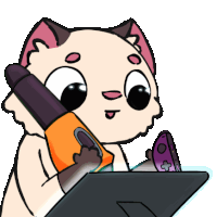 a cartoon cat is holding a pen and a remote control