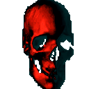 a pixel art of a red skull with teeth missing
