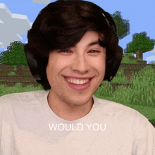 a man wearing headphones smiles in front of a minecraft background with the words " would you " on the bottom